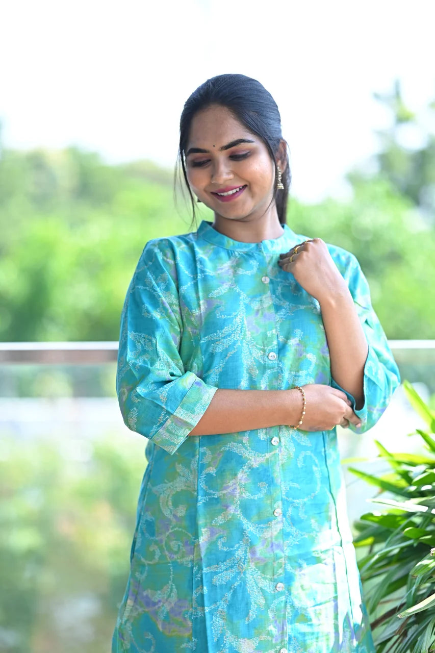 Aqua Fern Printed Straight Kurti
