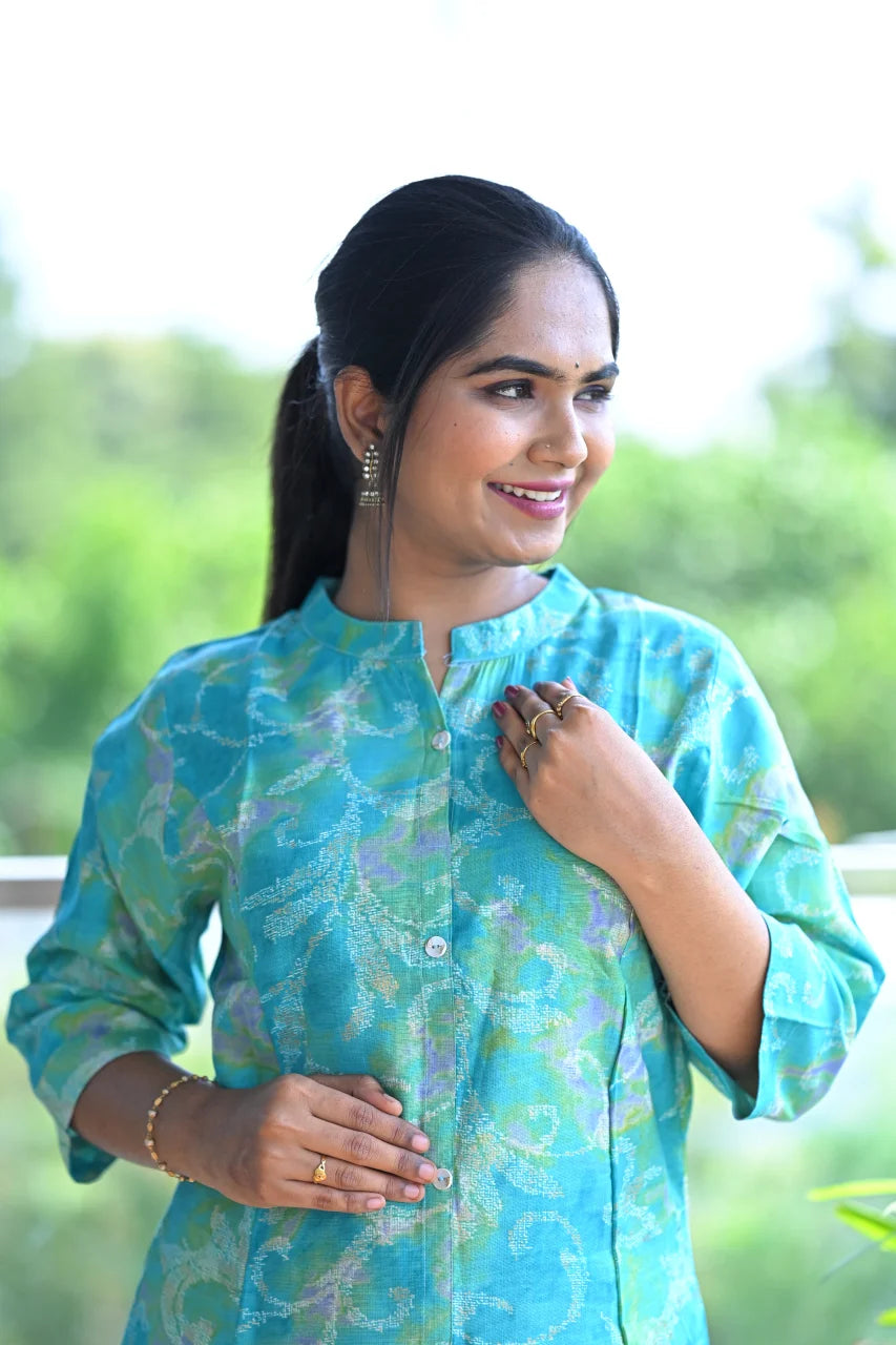 Aqua Fern Printed Straight Kurti