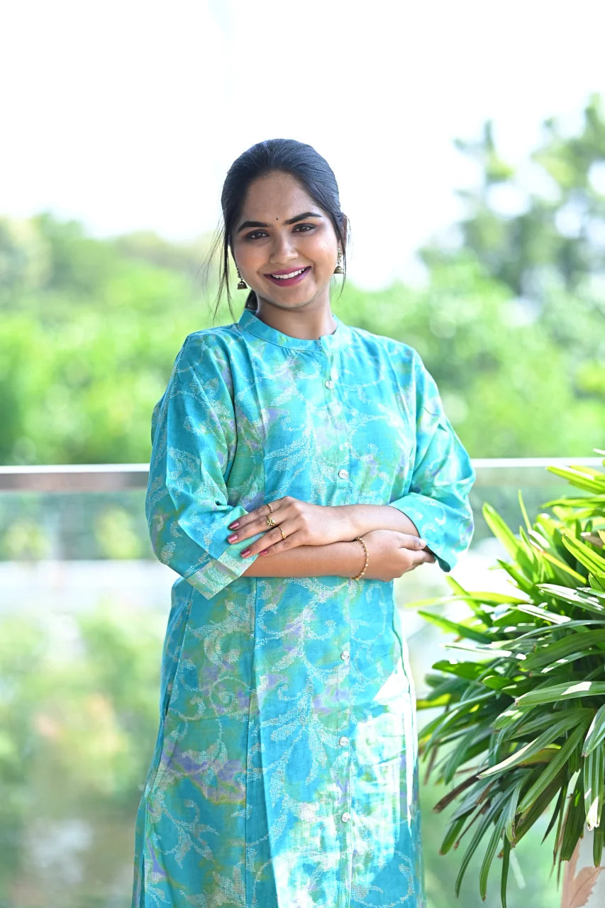Aqua Fern Printed Straight Kurti