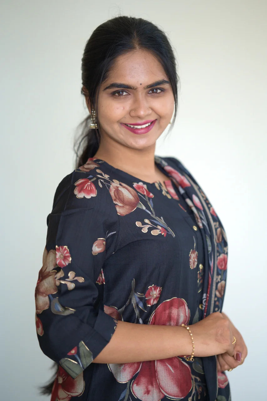 Black Floral Print Kurti Set with Decorative Border