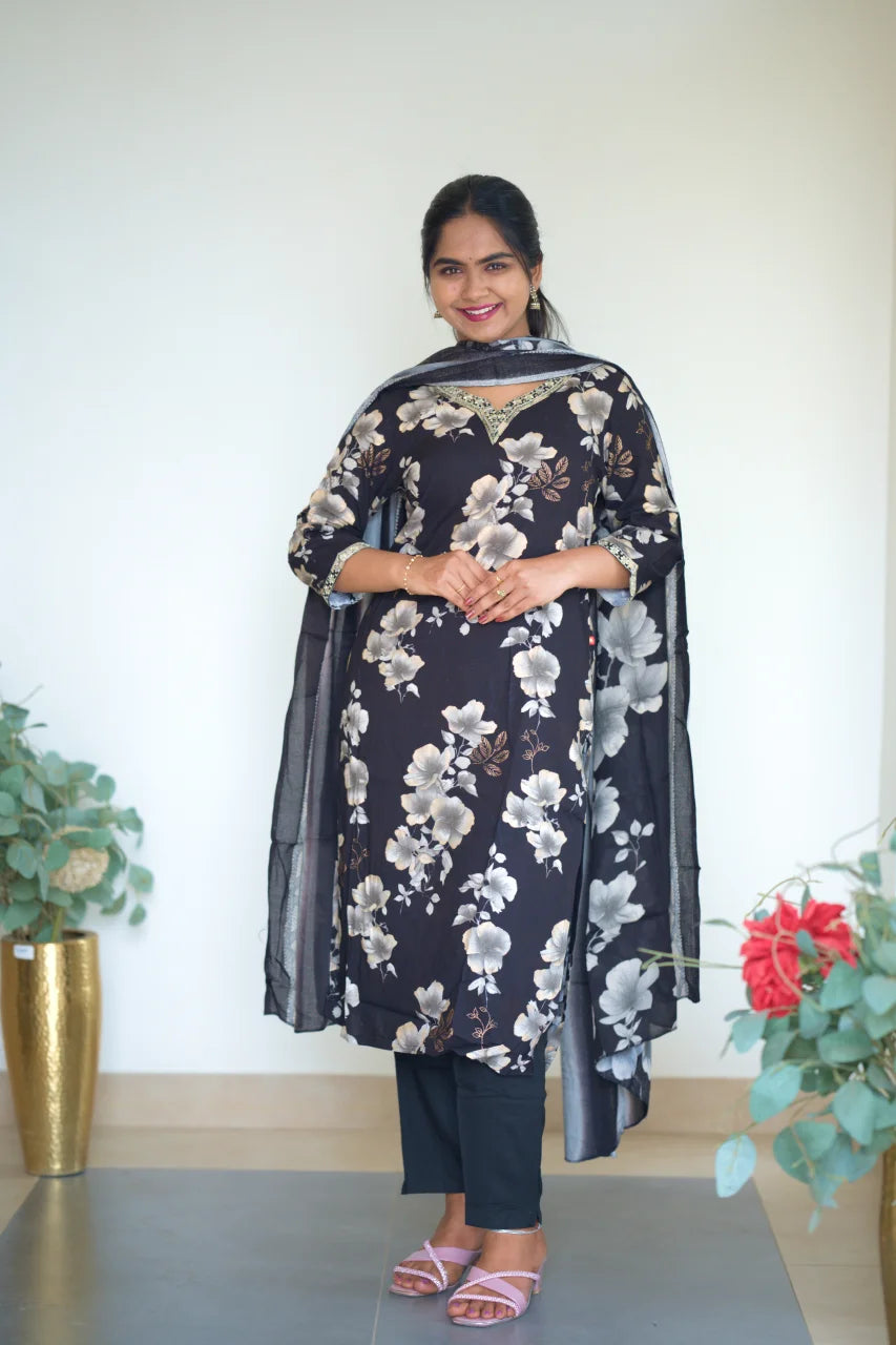 Black Floral Printed Kurti Set with Dupatta