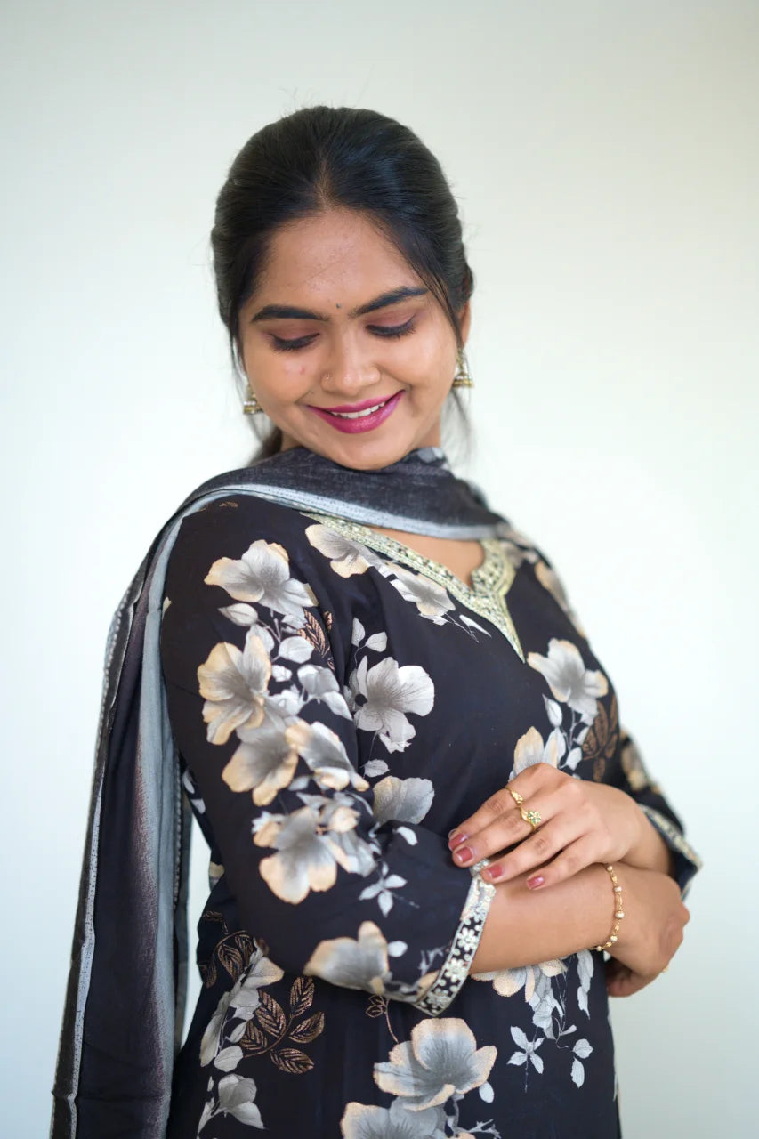Black Floral Printed Kurti Set with Dupatta