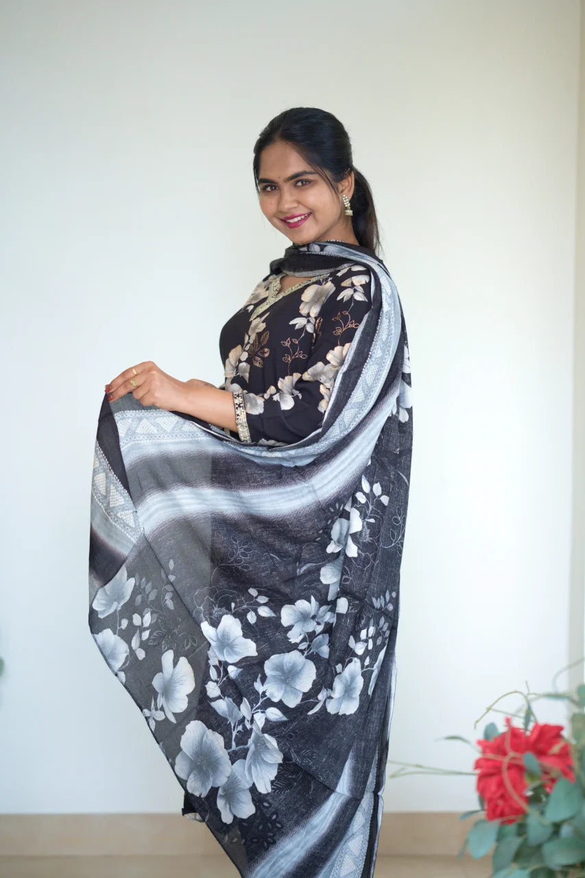 Black Floral Printed Kurti Set with Dupatta