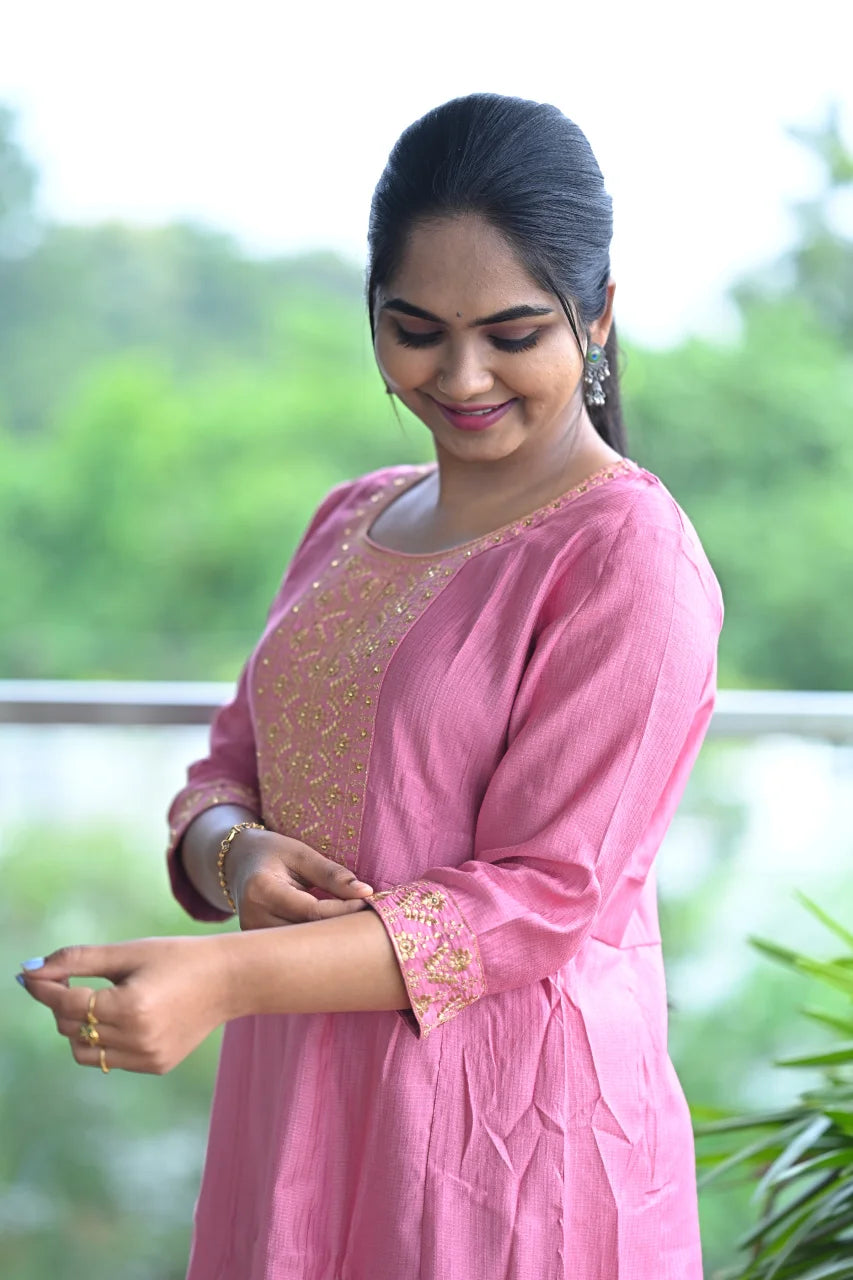 Blush Aura Embroidered A-Line Kurti