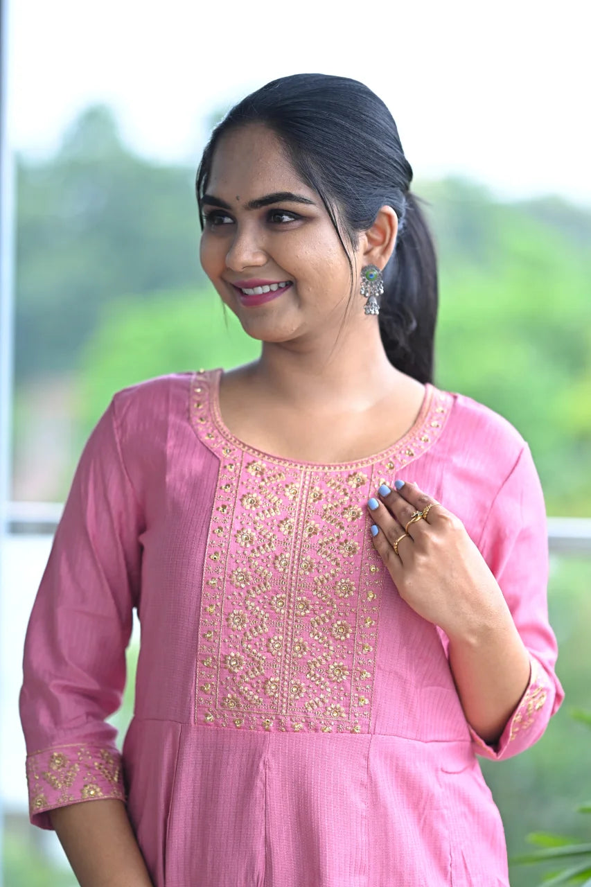 Blush Aura Embroidered A-Line Kurti