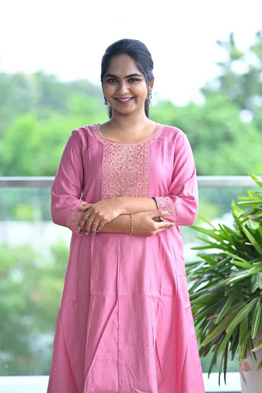 Blush Aura Embroidered A-Line Kurti