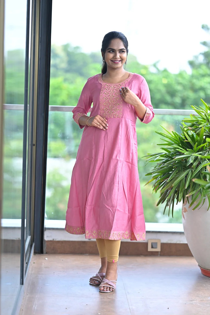 Blush Aura Embroidered A-Line Kurti