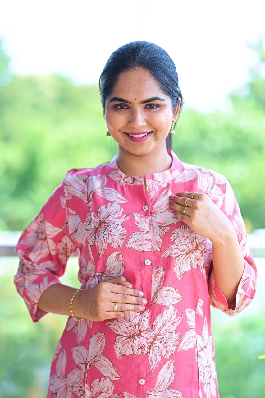 Coral Pink Floral Straight Kurti