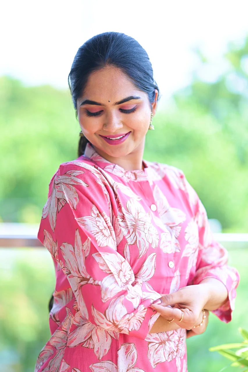 Coral Pink Floral Straight Kurti