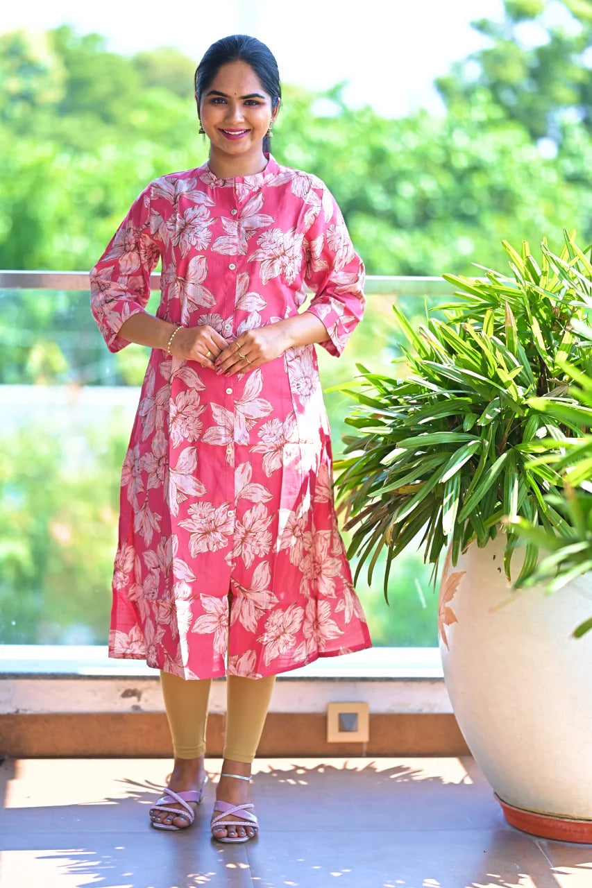 Coral Pink Floral Straight Kurti
