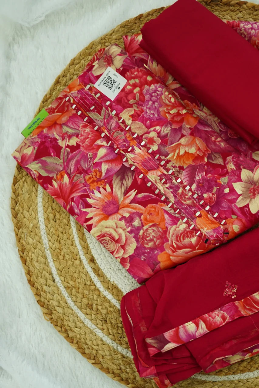Crimson Bloom Floral Unstitched Kurti Set