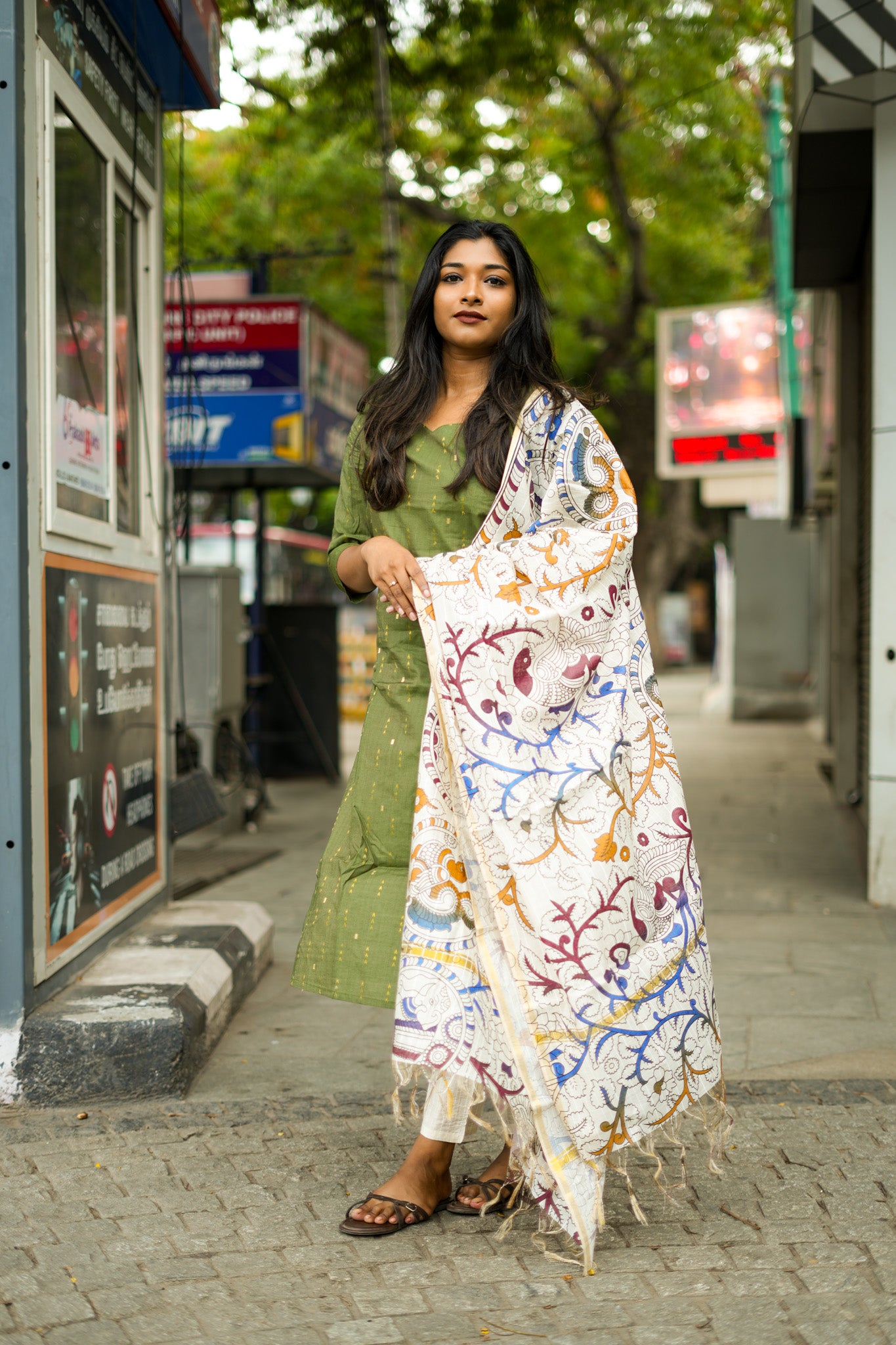 Olive Green Salwar Set with Multicolour Kalamkari Print Cotton Dupatta
