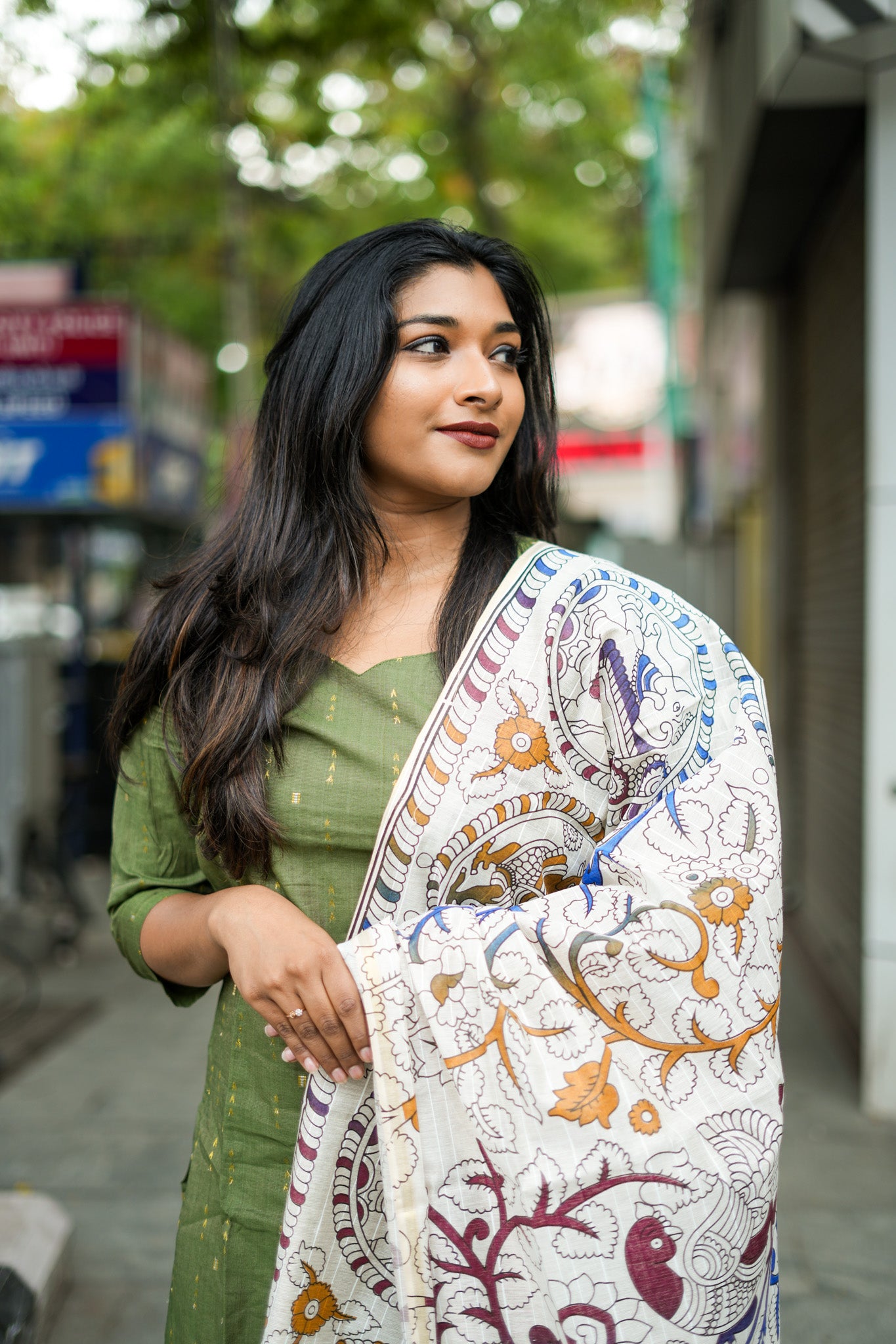 Olive Green Salwar Set with Multicolour Kalamkari Print Cotton Dupatta