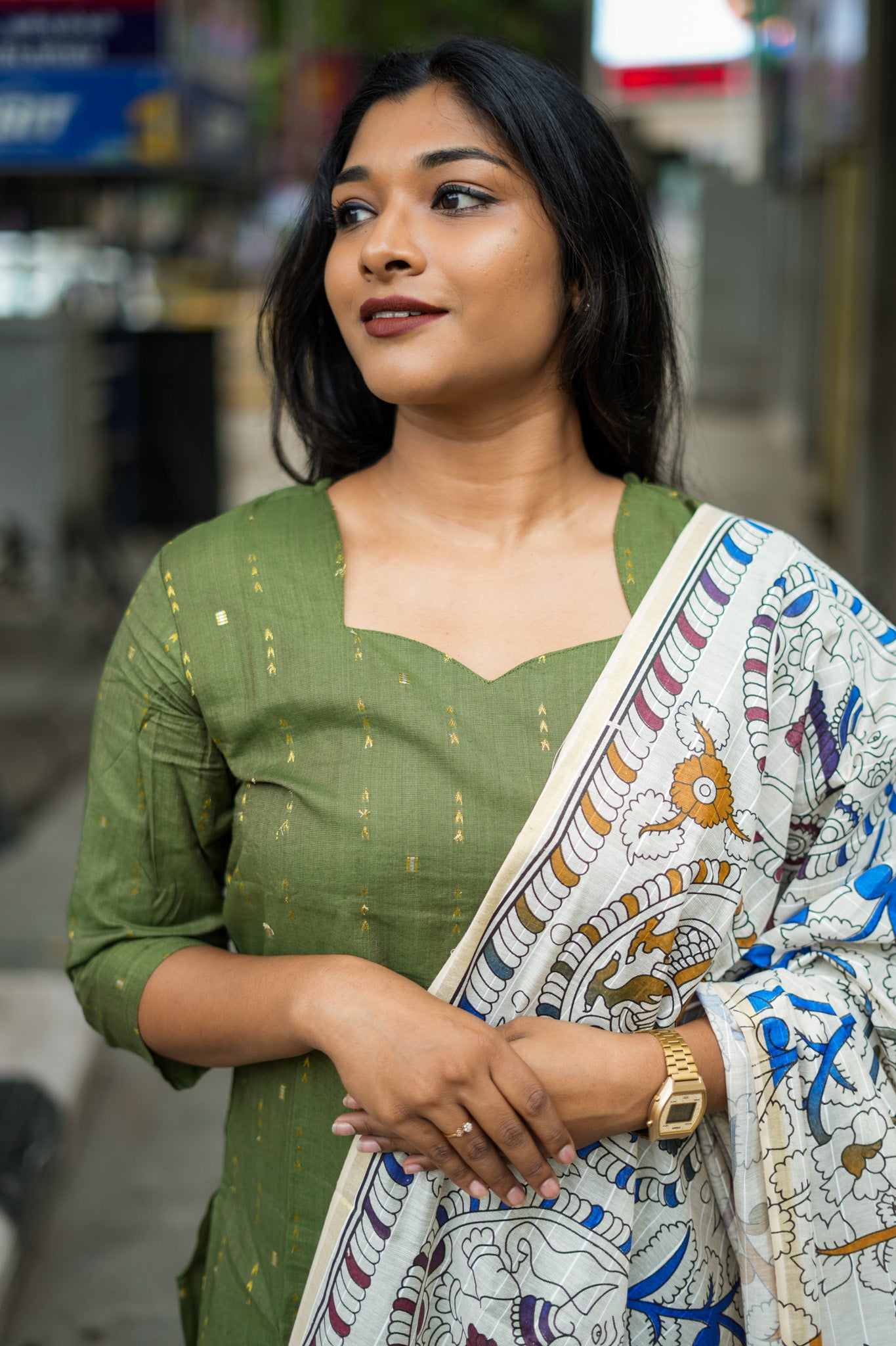 Olive Green Salwar Set with Multicolour Kalamkari Print Cotton Dupatta