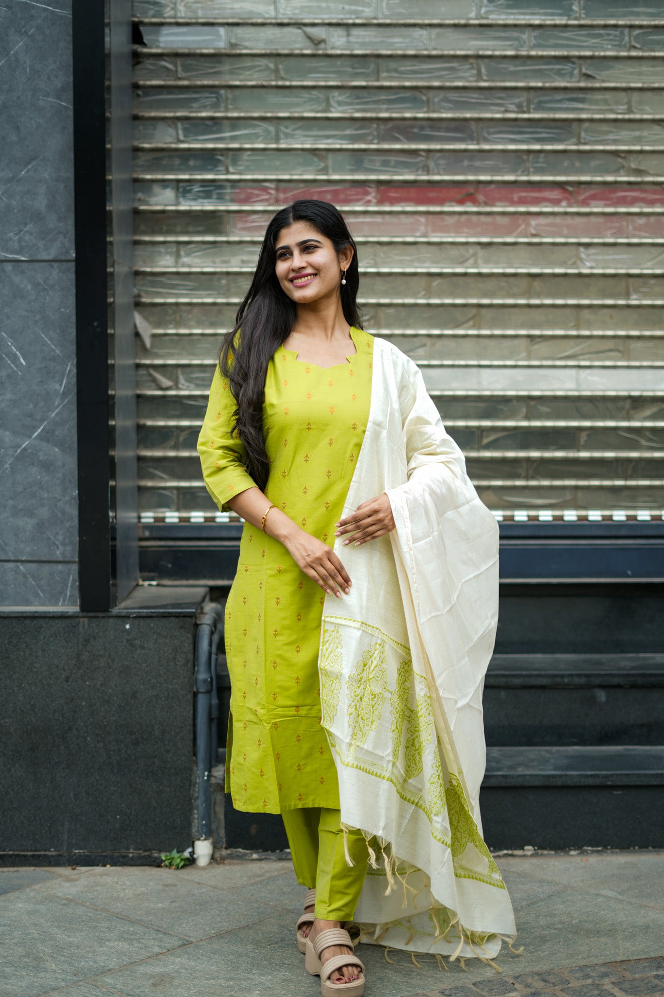 Lime Green Cotton Ethnic Salwar Set with Dupatta
