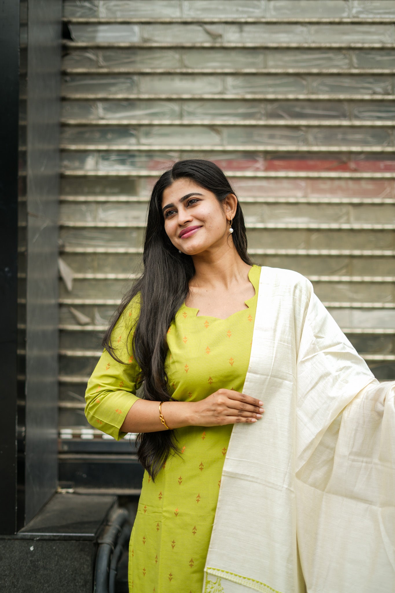 Lime Green Cotton Ethnic Salwar Set with Dupatta