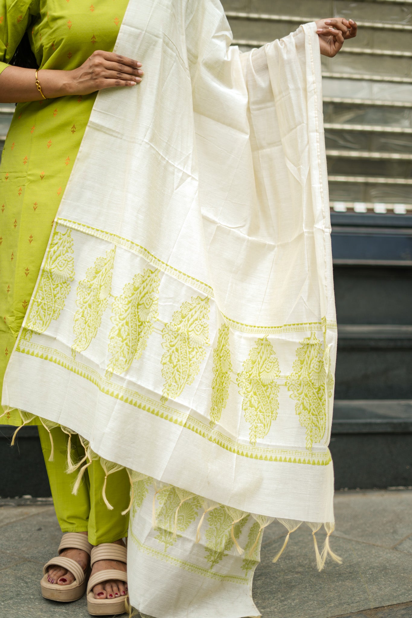 Lime Green Cotton Ethnic Salwar Set with Dupatta