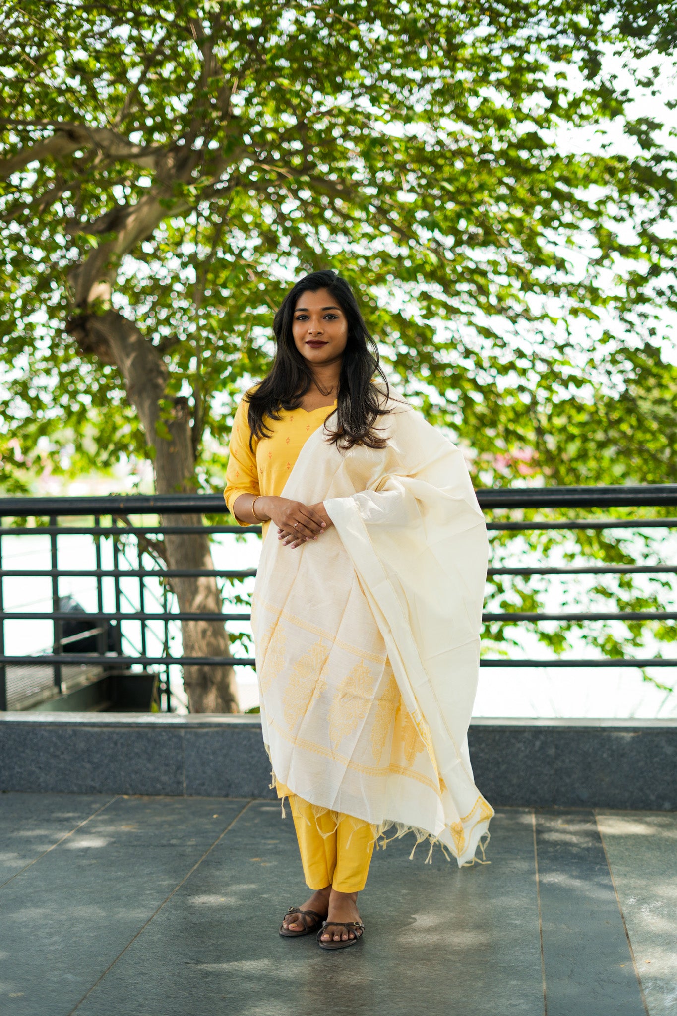 Lemon Yellow Ethnic Salwar Set with Ivory Cotton Dupatta