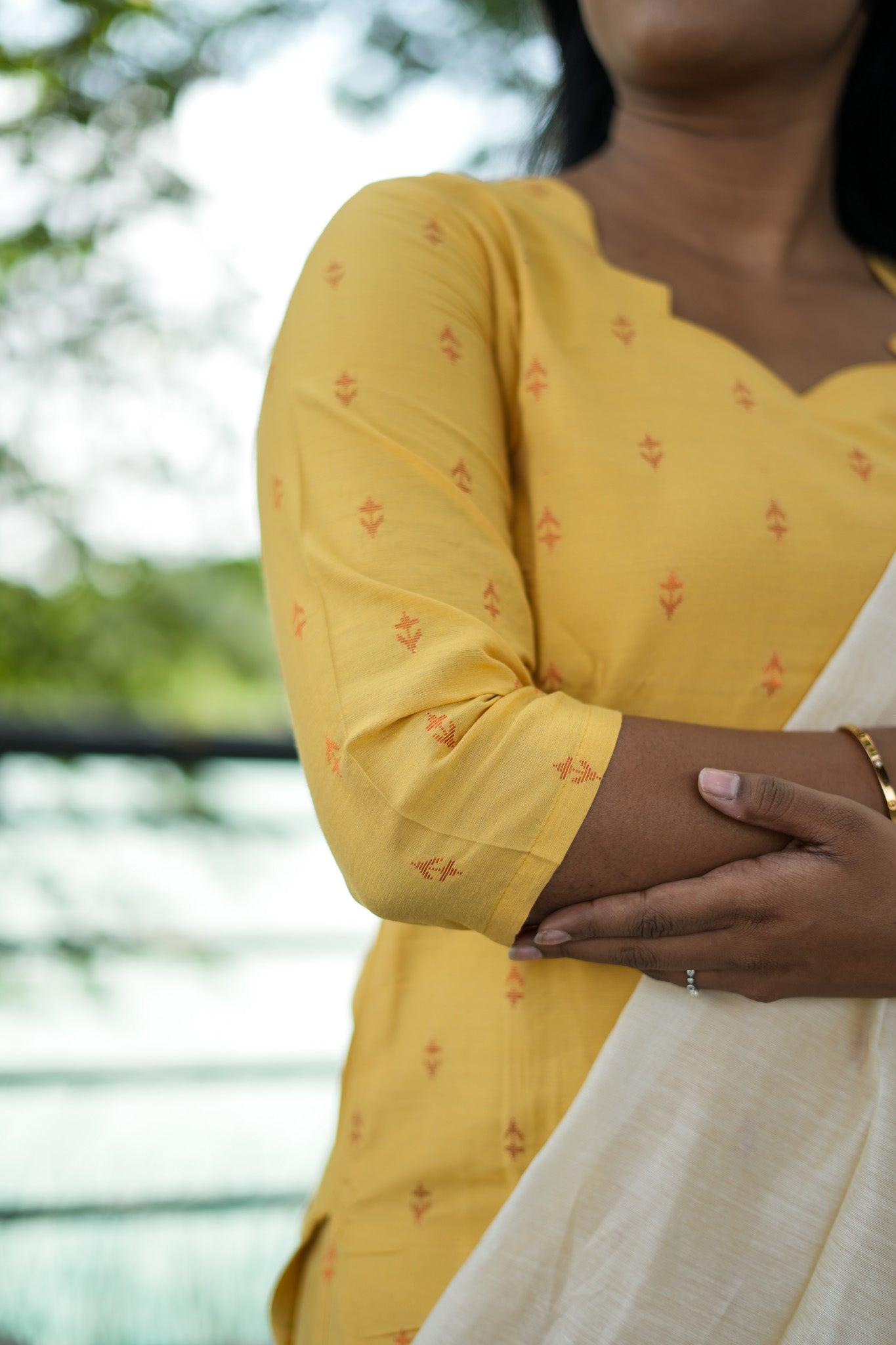 Lemon Yellow Ethnic Salwar Set with Ivory Cotton Dupatta