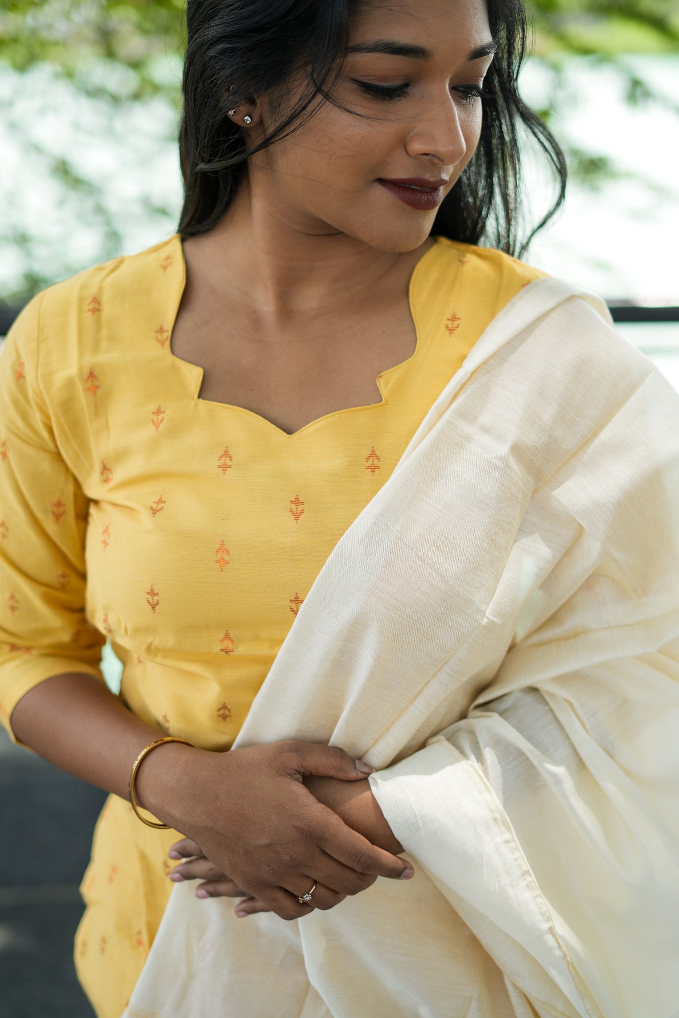 Lemon Yellow Ethnic Salwar Set with Ivory Cotton Dupatta