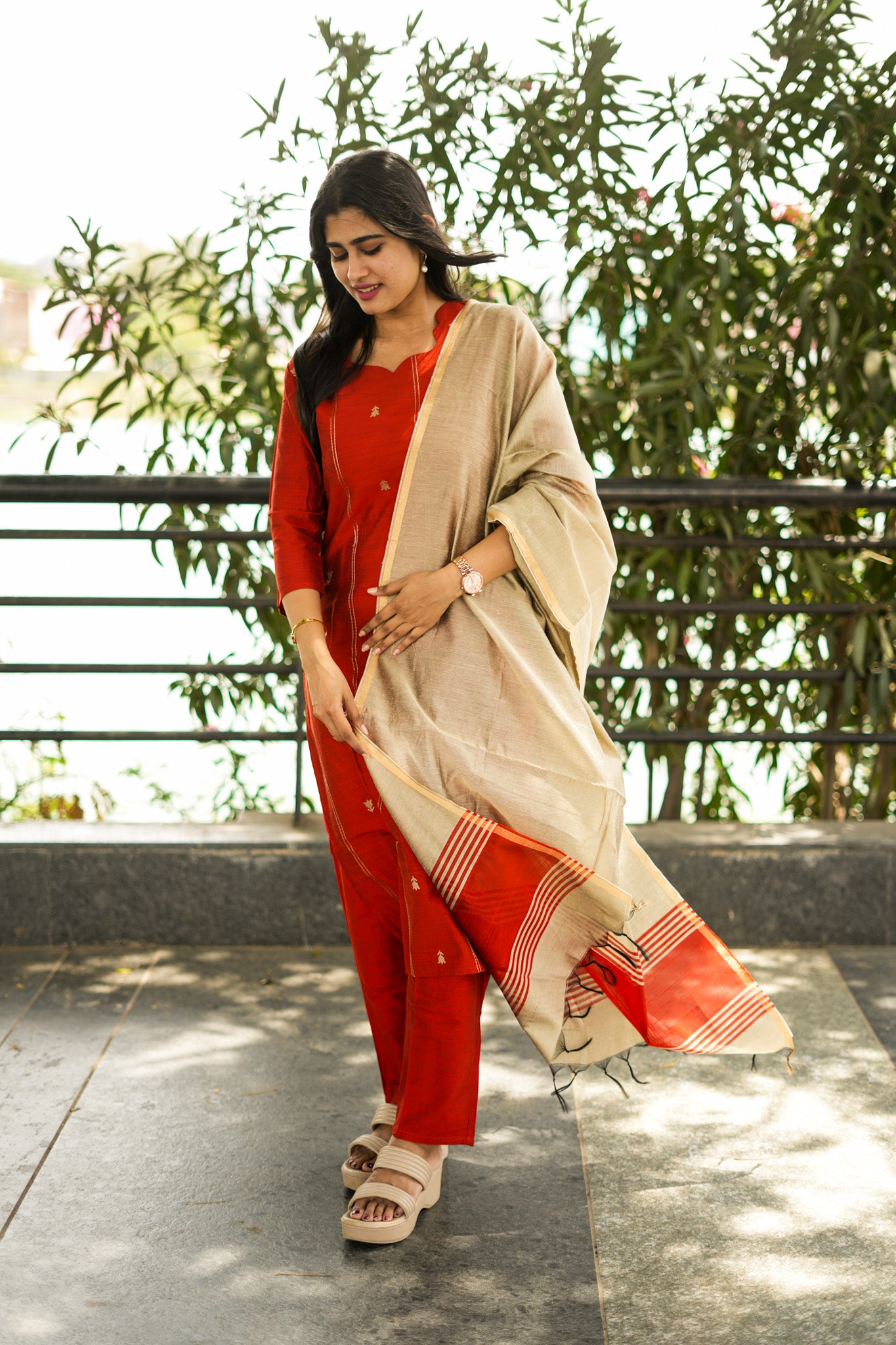 Crimson Red Salwar Set with Beige Cotton Dupatta