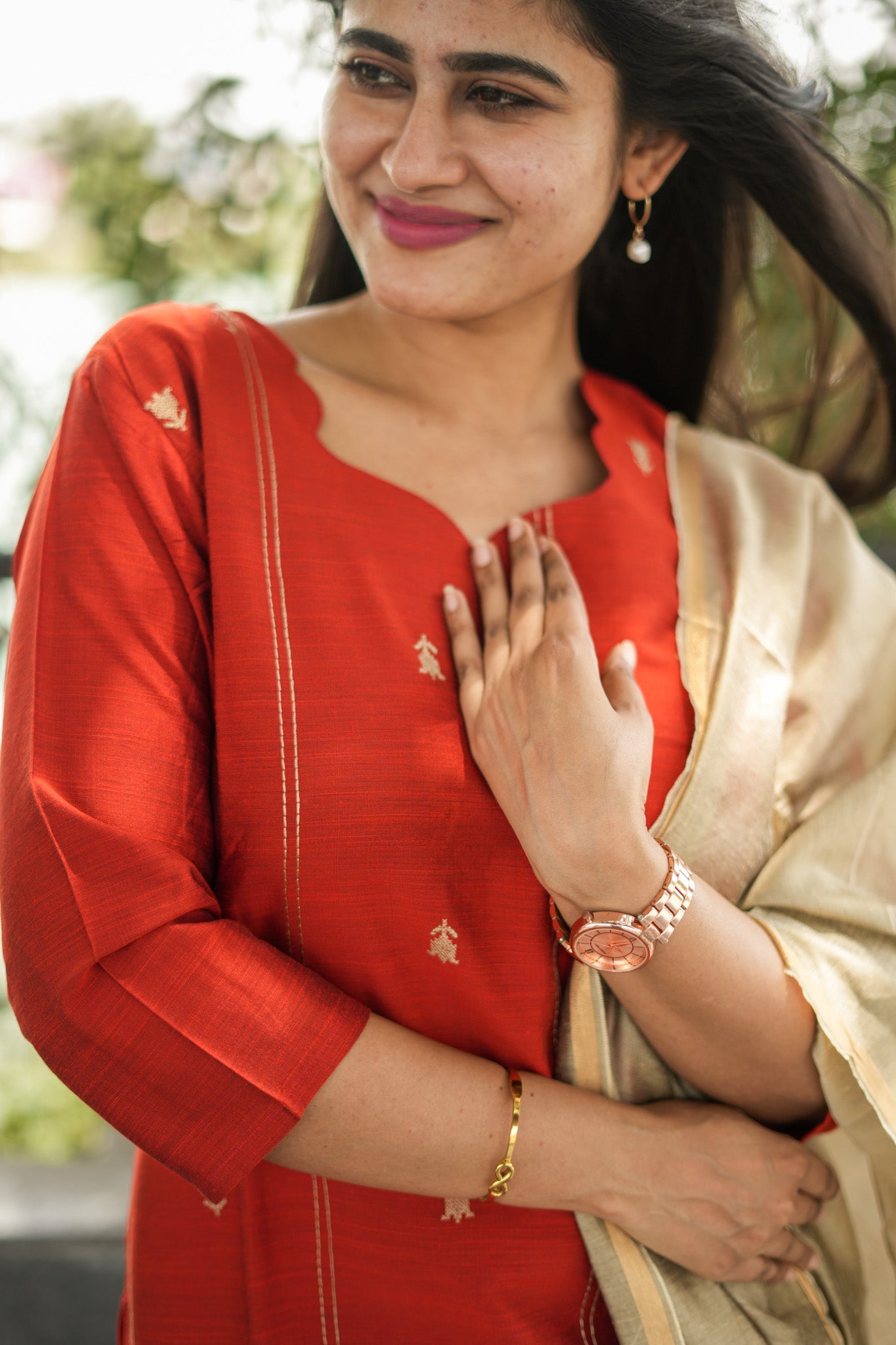 Crimson Red Salwar Set with Beige Cotton Dupatta