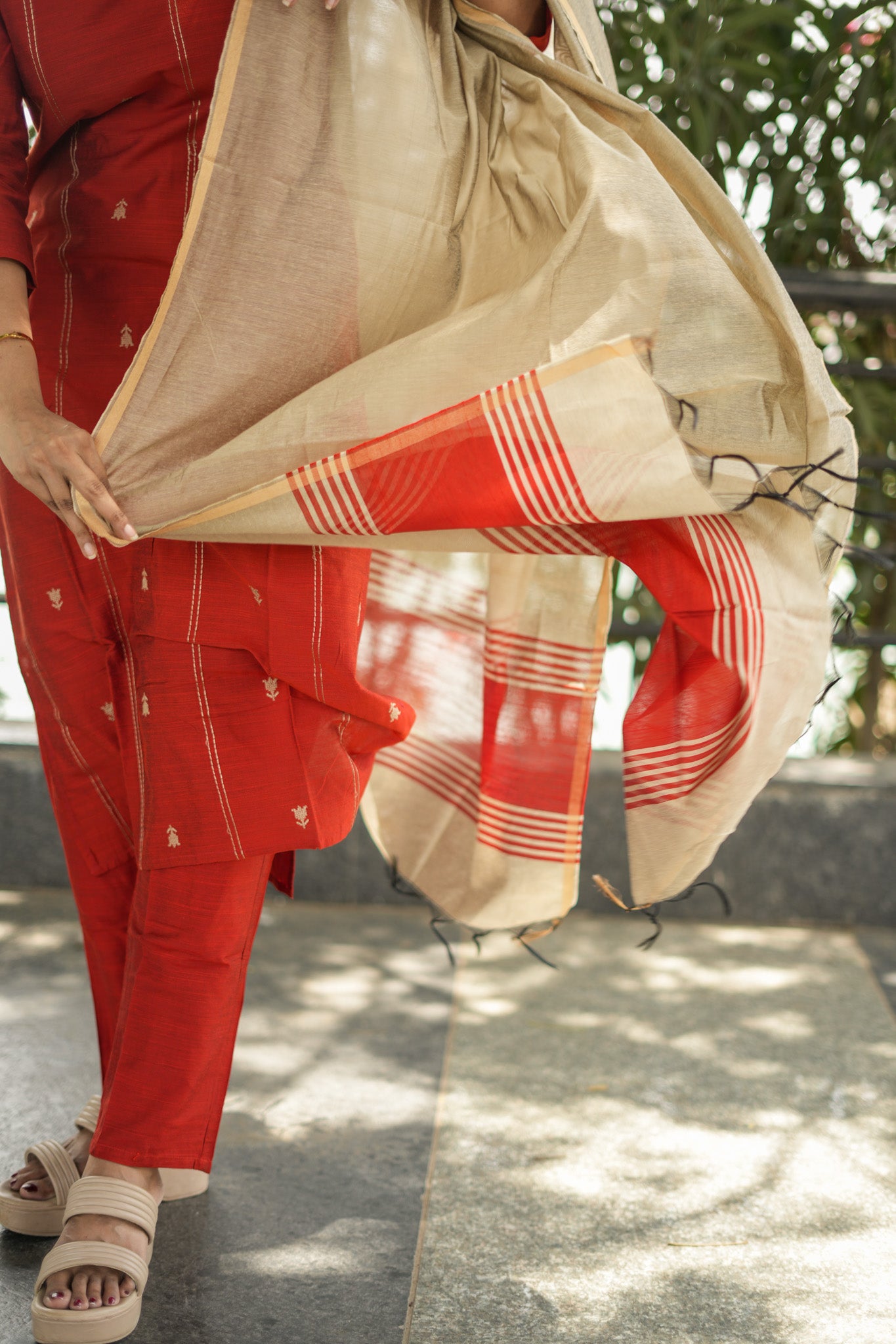 Crimson Red Salwar Set with Beige Cotton Dupatta