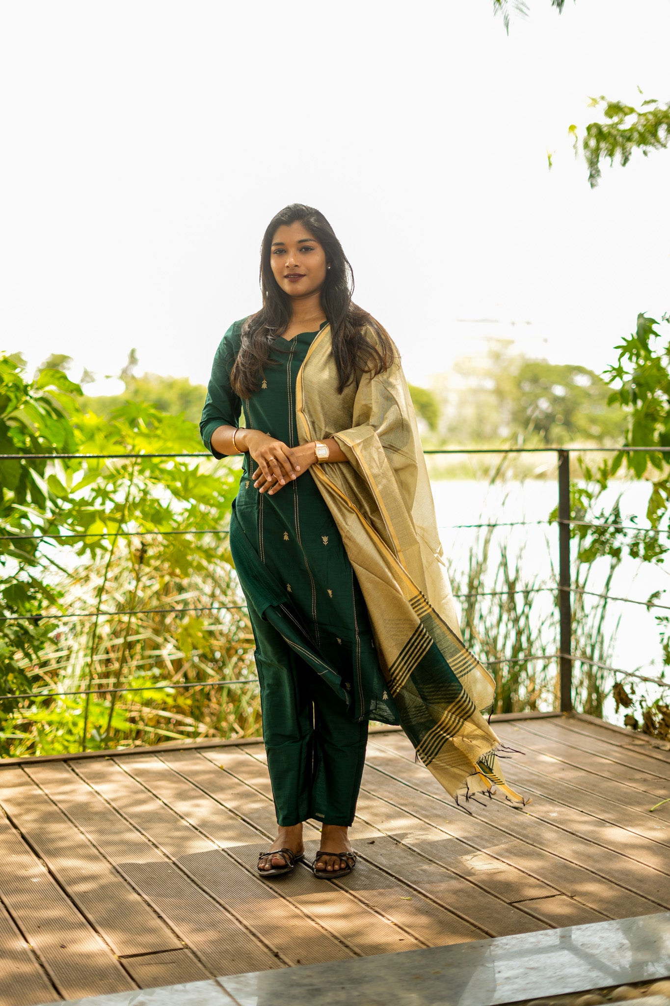 Forest Green Salwar Set with Beige Gold Cotton Dupatta