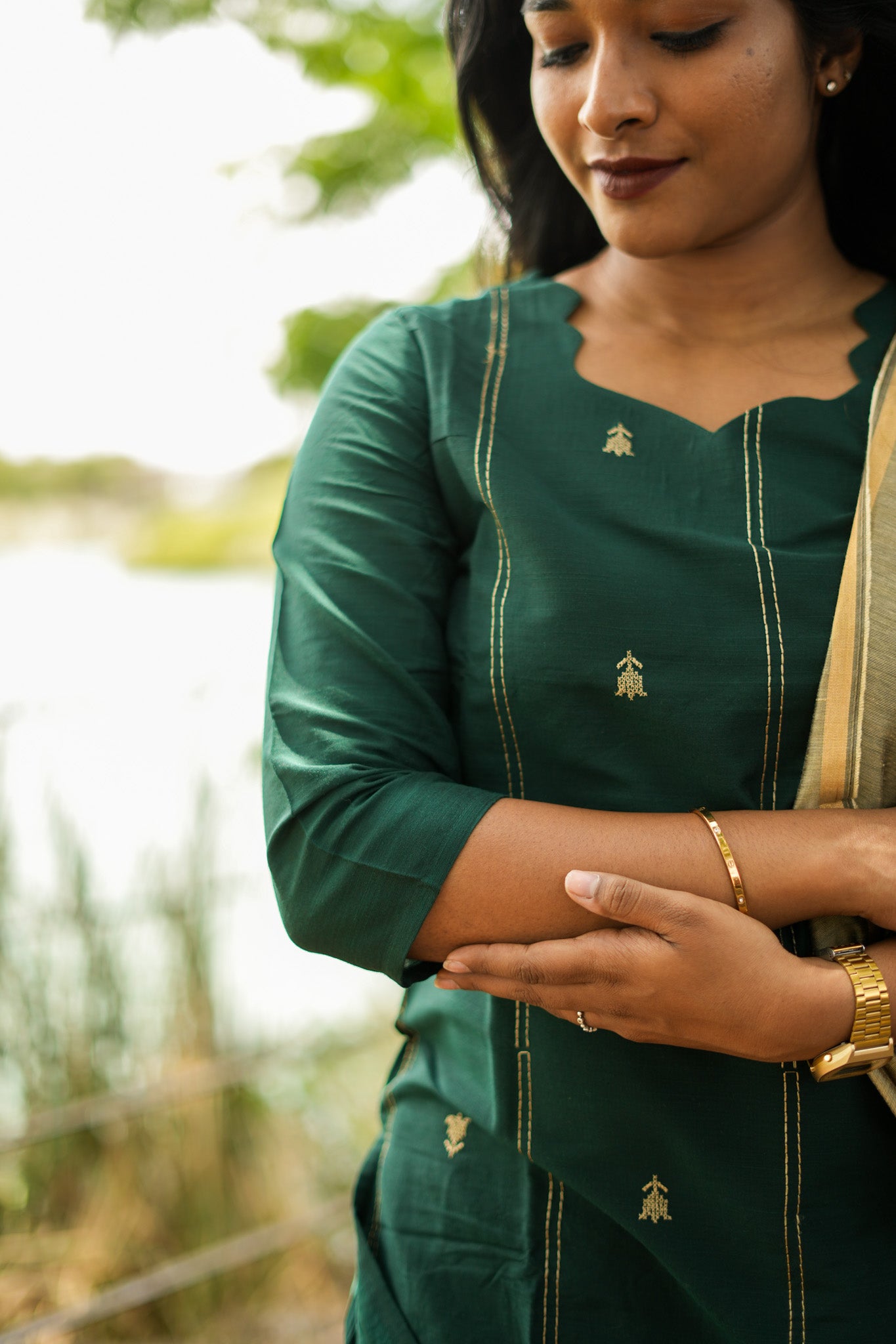 Forest Green Salwar Set with Beige Gold Cotton Dupatta