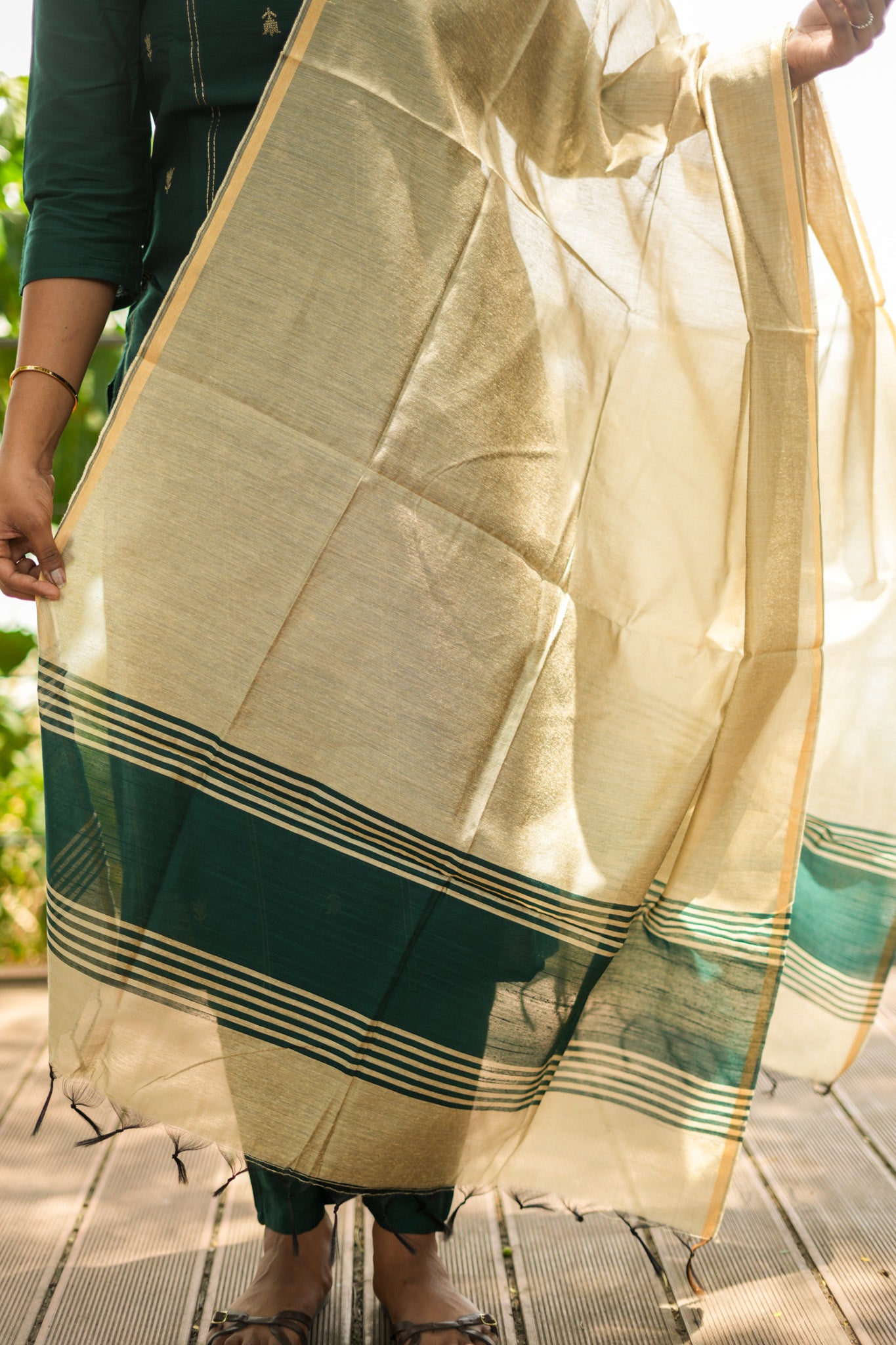 Forest Green Salwar Set with Beige Gold Cotton Dupatta