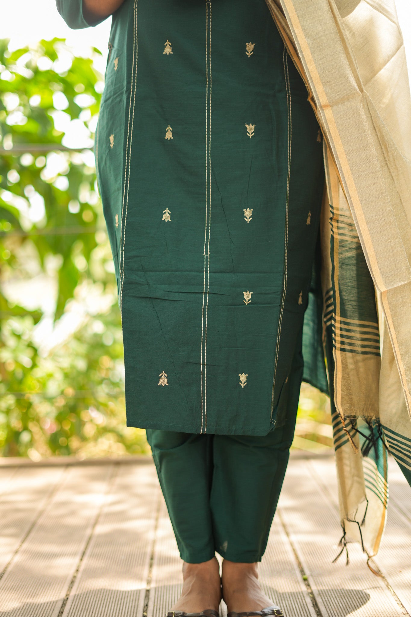 Forest Green Salwar Set with Beige Gold Cotton Dupatta
