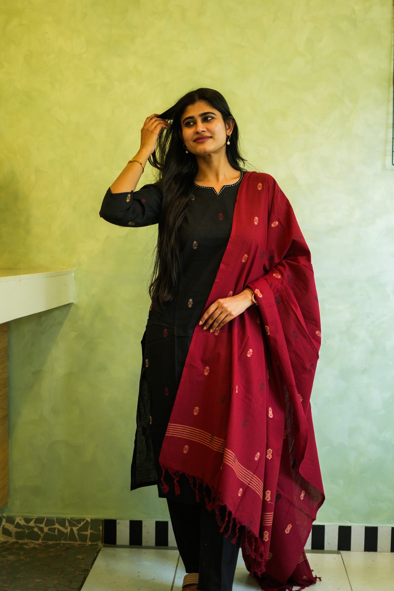Black Cotton Salwar Set with Red Raw Silk Dupatta