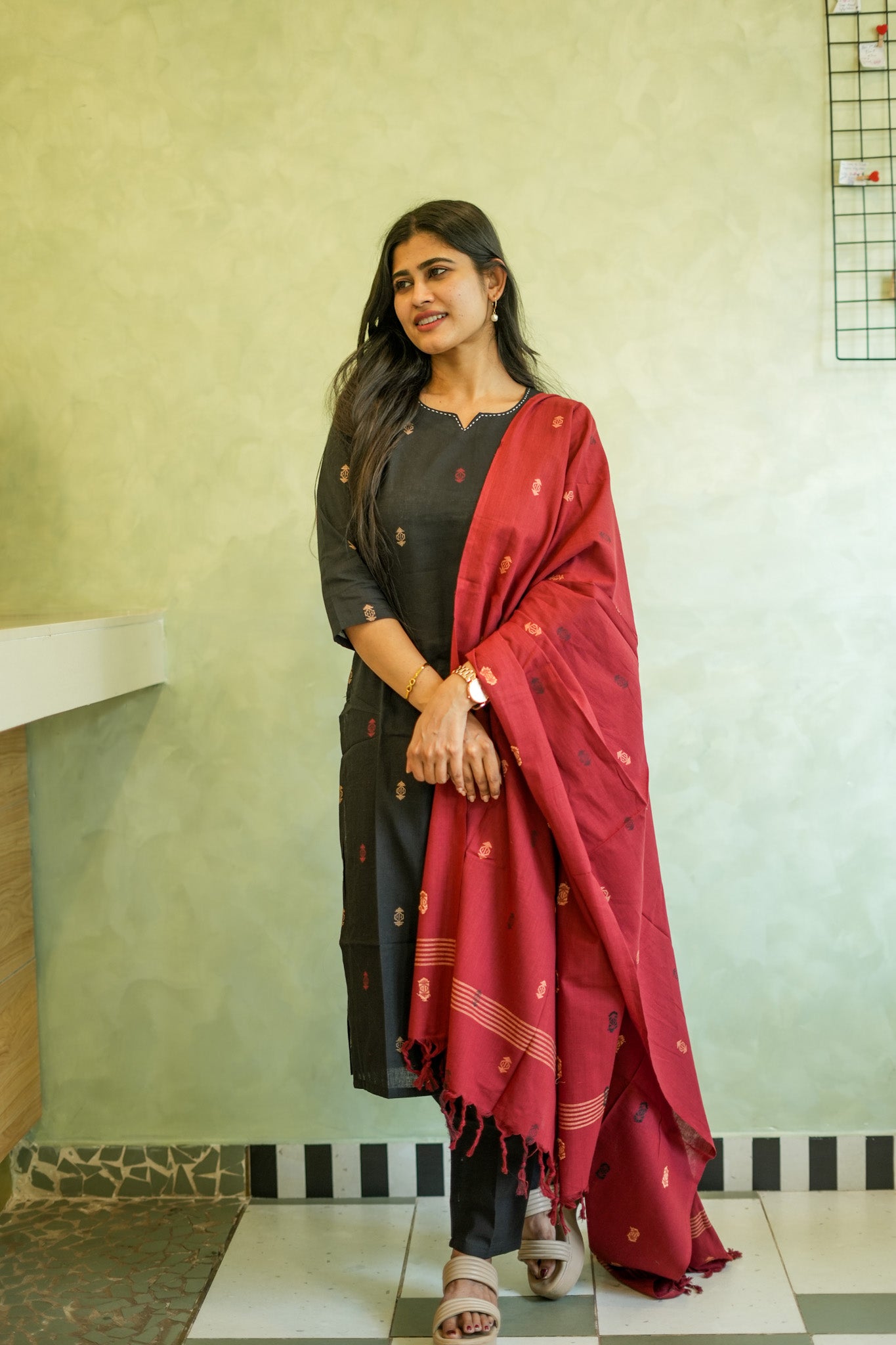 Black Cotton Salwar Set with Red Raw Silk Dupatta