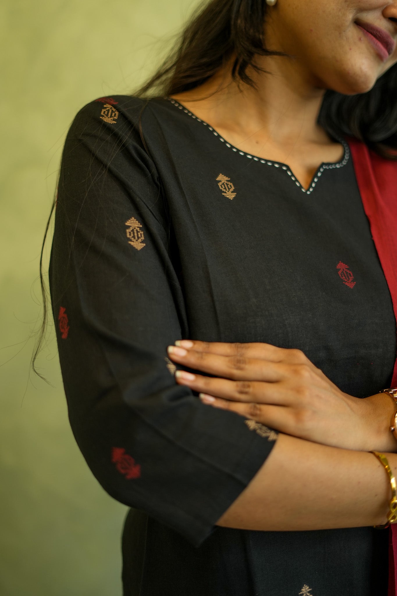Black Cotton Salwar Set with Red Raw Silk Dupatta
