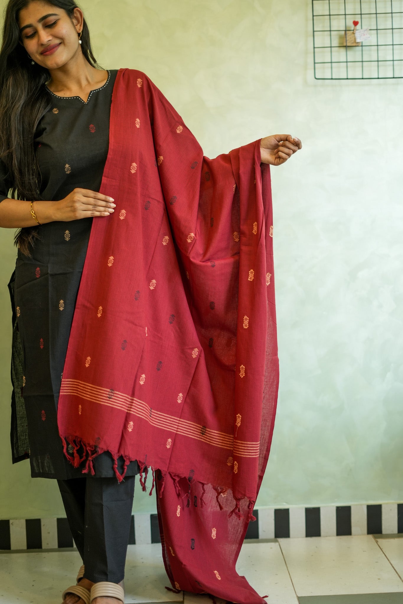 Black Cotton Salwar Set with Red Raw Silk Dupatta