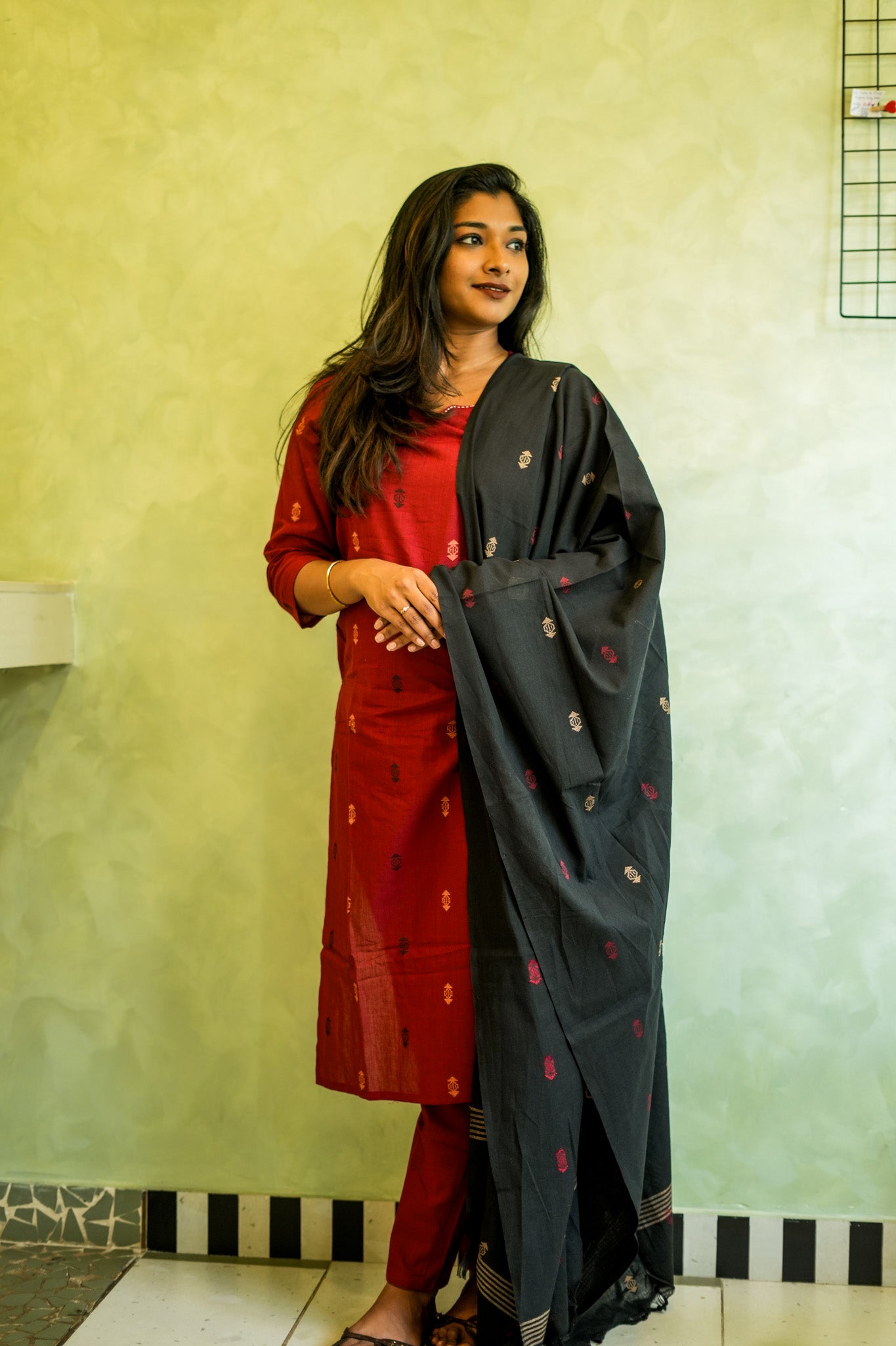 Red Cotton Salwar Set with Black Raw Silk Dupatta