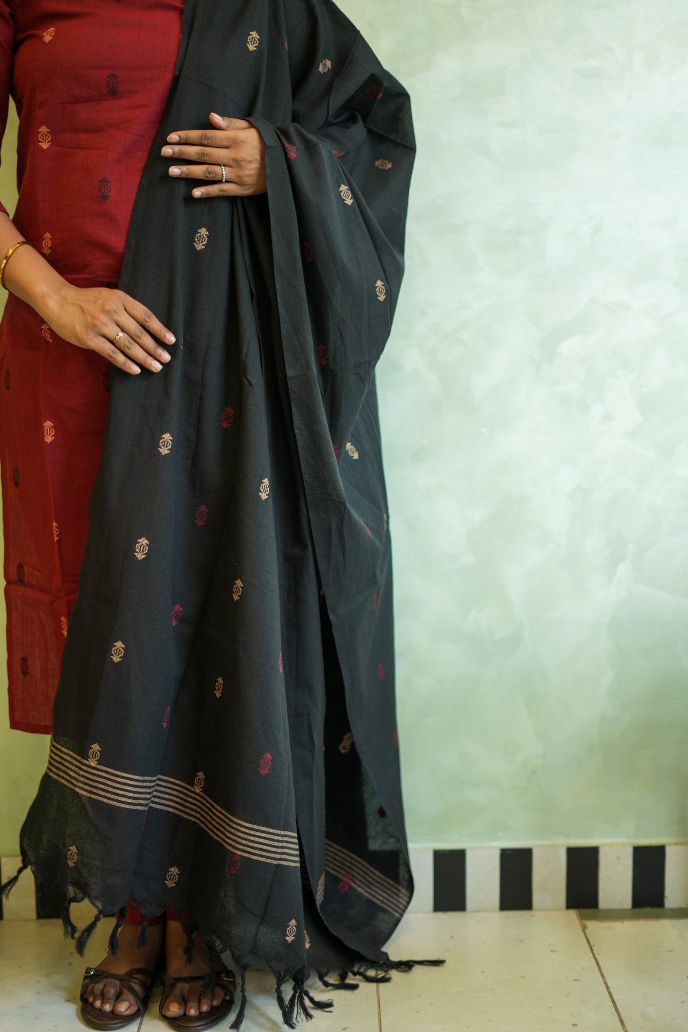 Red Cotton Salwar Set with Black Raw Silk Dupatta