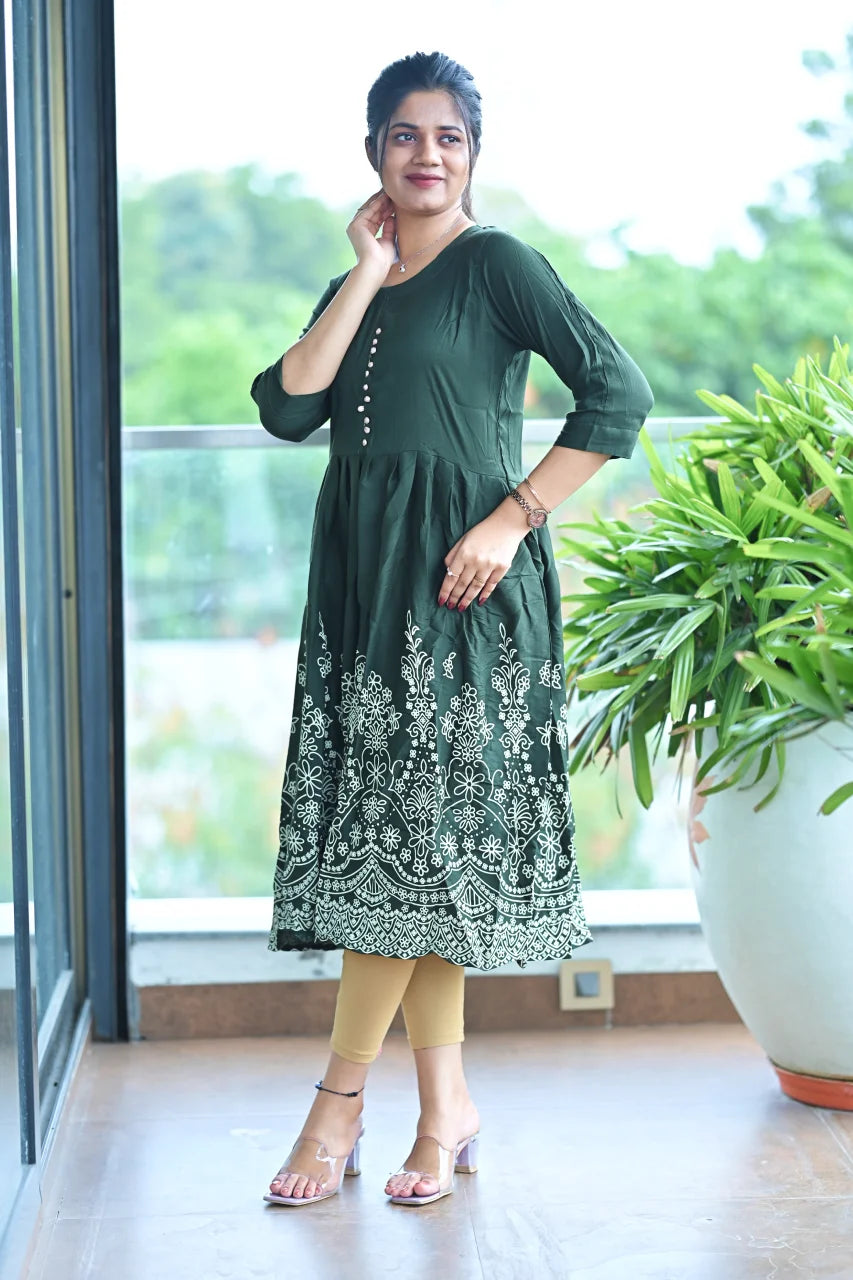 Deep Forest Green Embroidered Cotton A-Line Kurti