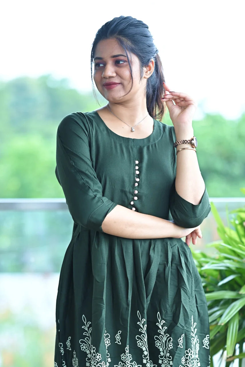 Deep Forest Green Embroidered Cotton A-Line Kurti
