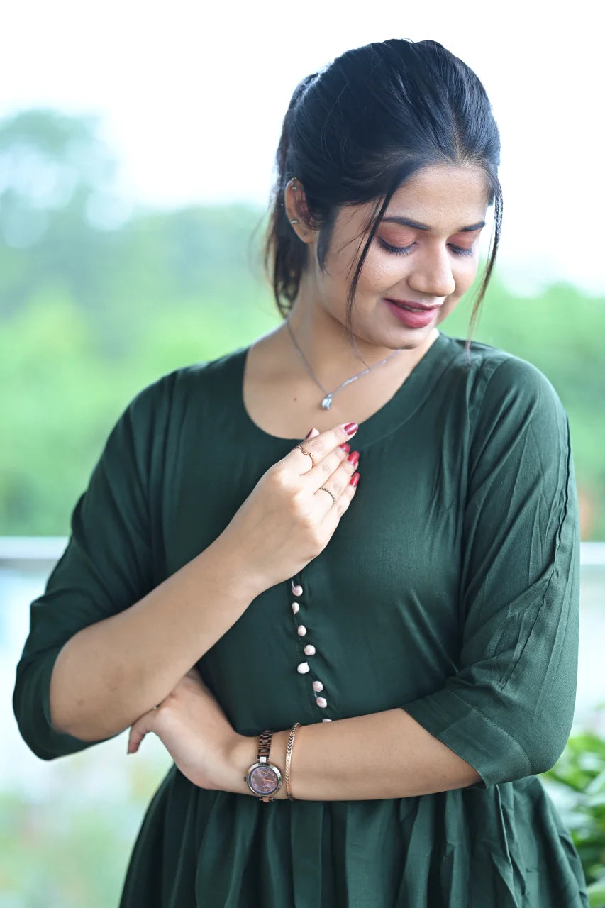 Deep Forest Green Embroidered Cotton A-Line Kurti