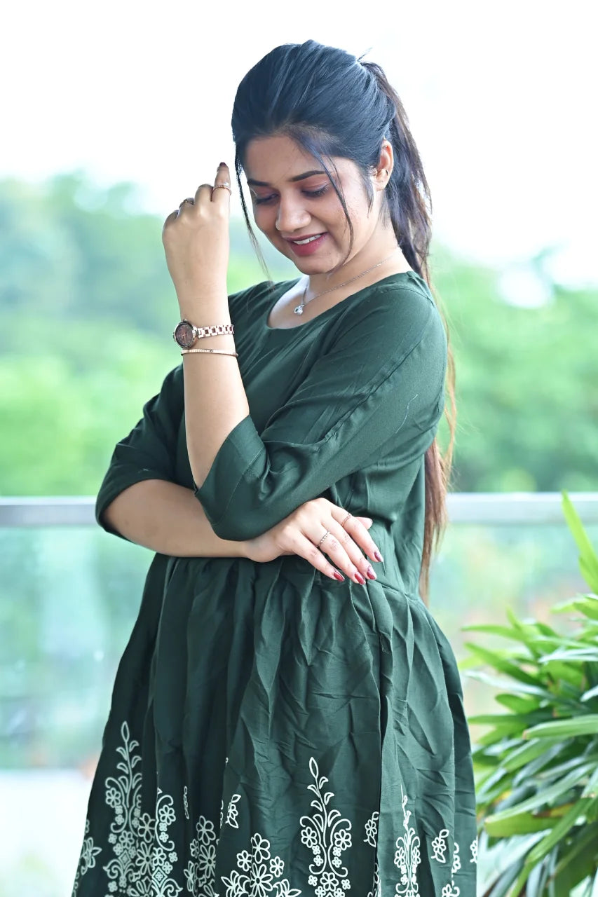 Deep Forest Green Embroidered Cotton A-Line Kurti
