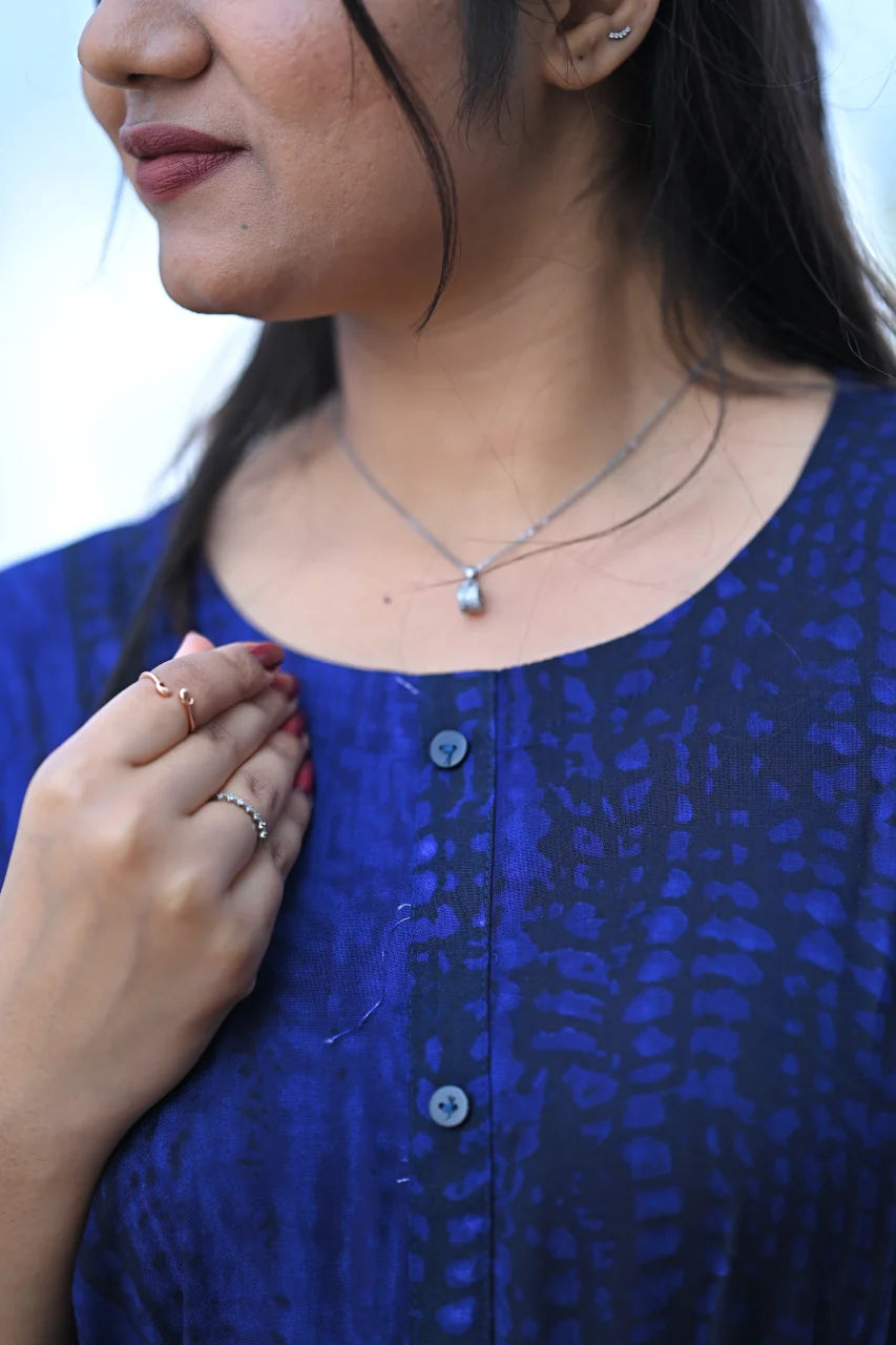 Deep Indigo Printed Cotton A-Line Kurti