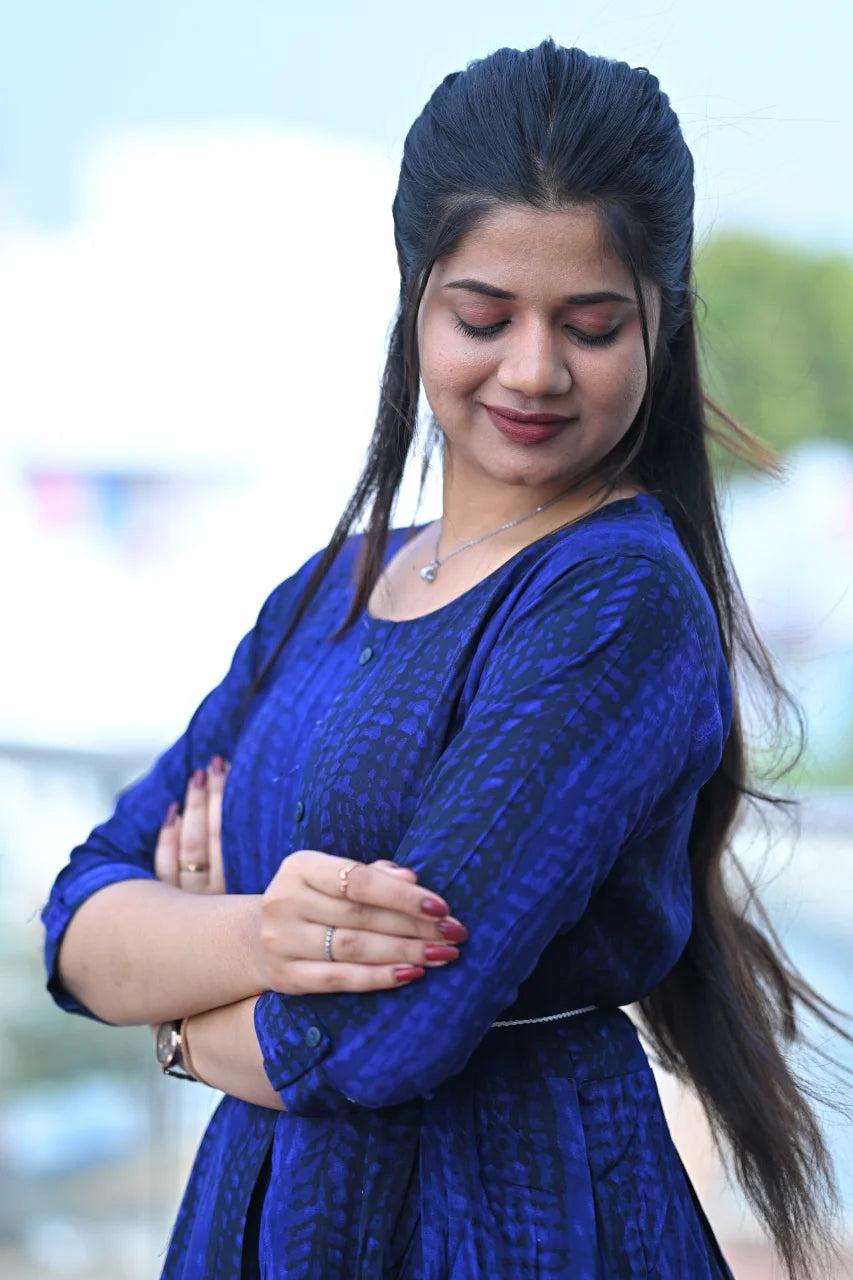 Deep Indigo Printed Cotton A-Line Kurti