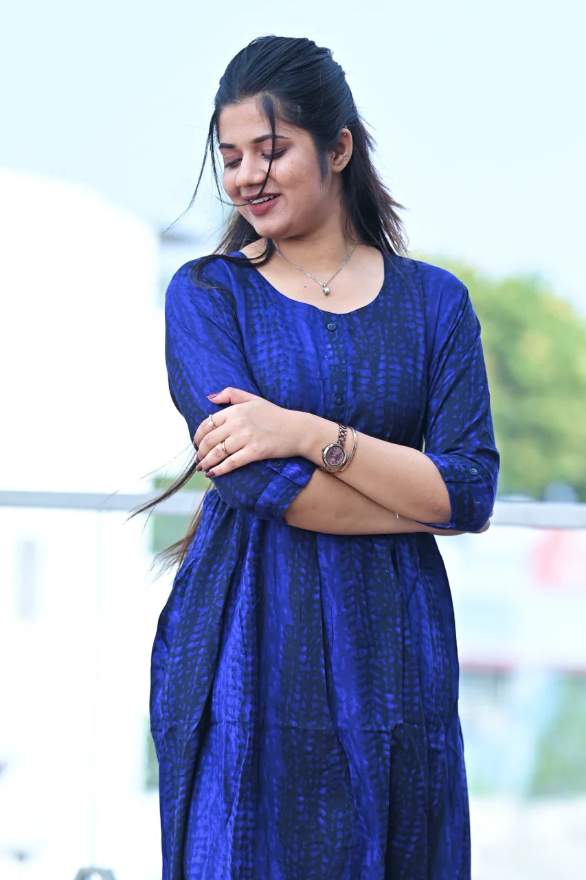Deep Indigo Printed Cotton A-Line Kurti