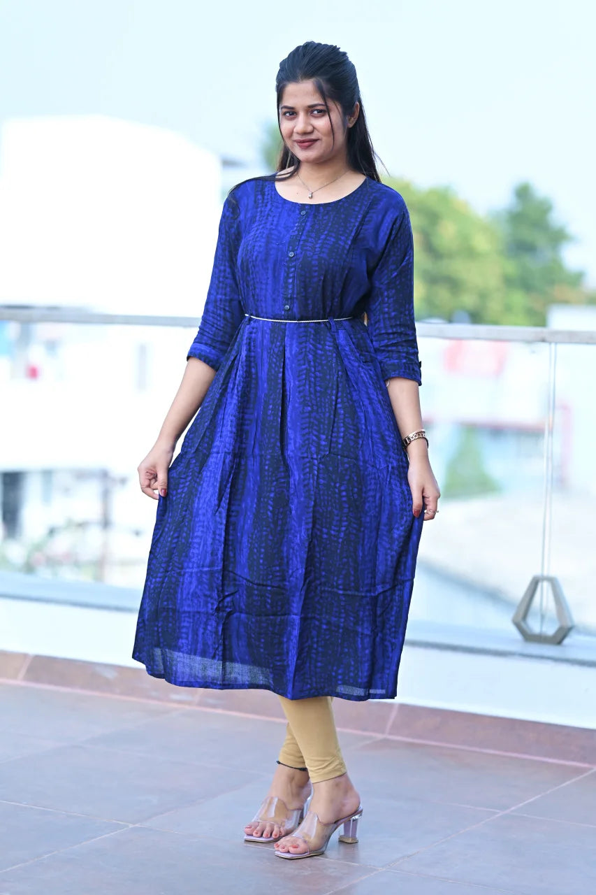 Deep Indigo Printed Cotton A-Line Kurti