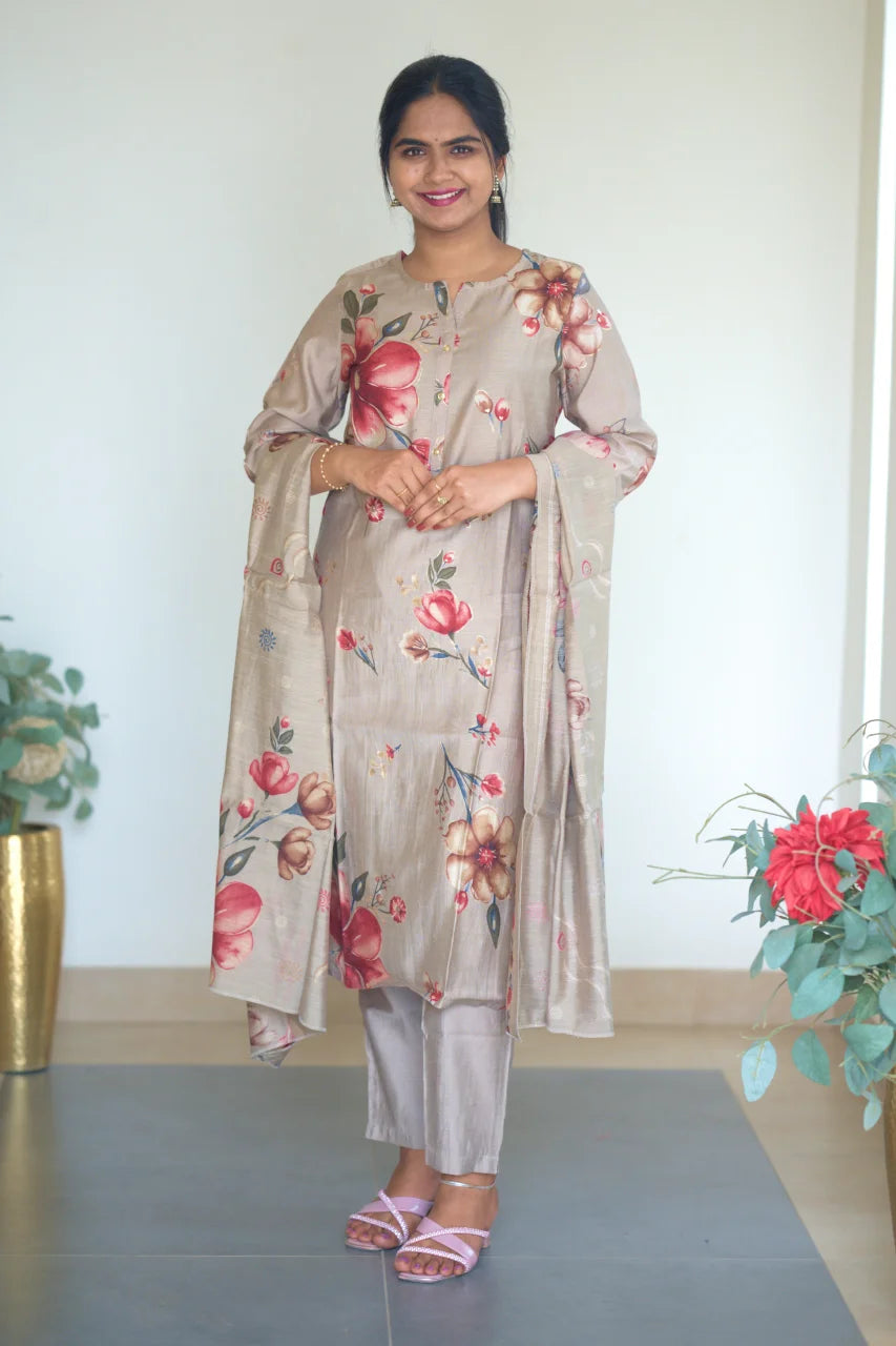 Grey Floral Print Kurti Set with Coordinated Dupatta