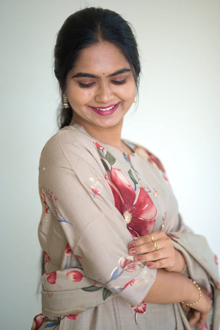 Grey Floral Print Kurti Set with Coordinated Dupatta