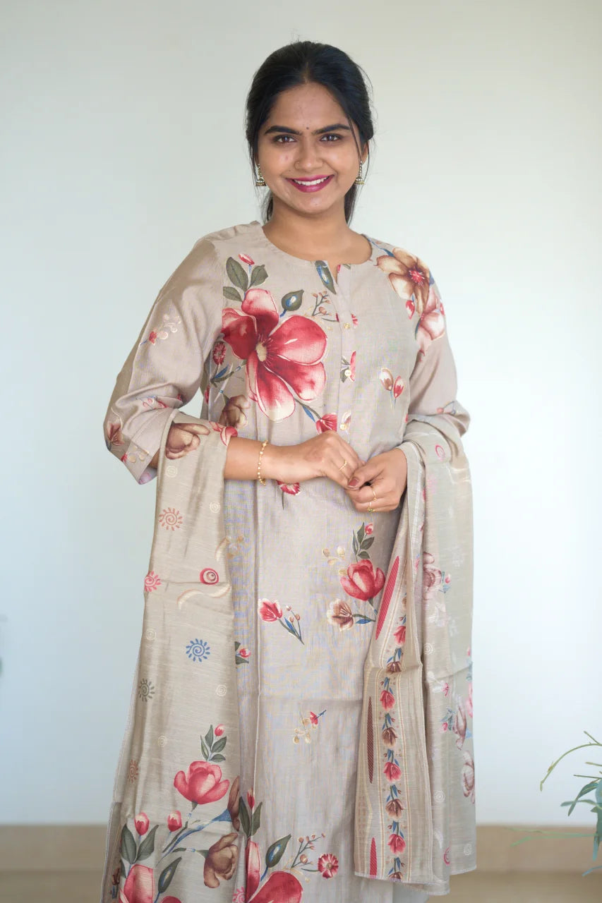 Grey Floral Print Kurti Set with Coordinated Dupatta