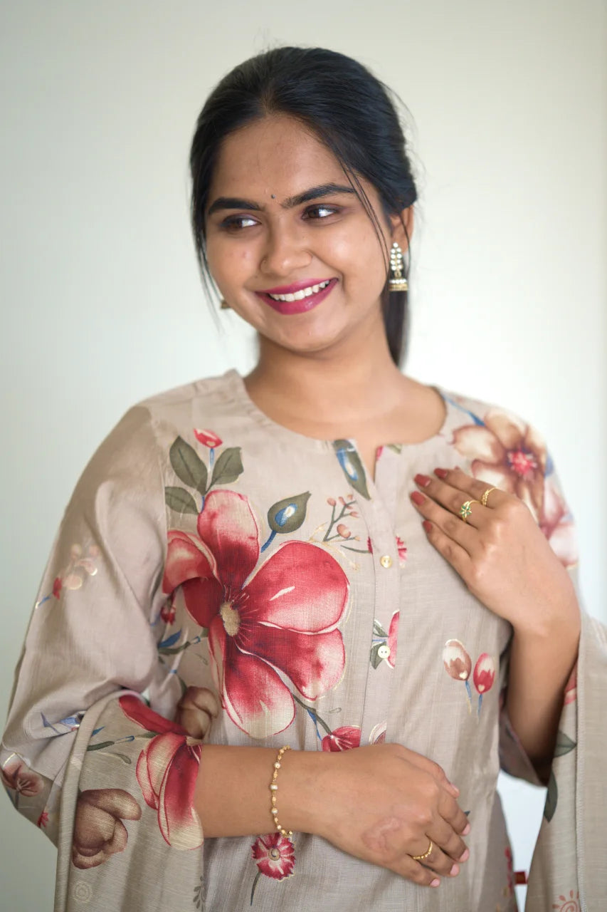 Grey Floral Print Kurti Set with Coordinated Dupatta