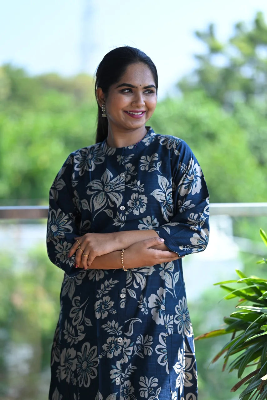 Indigo Bloom Printed Straight Kurti